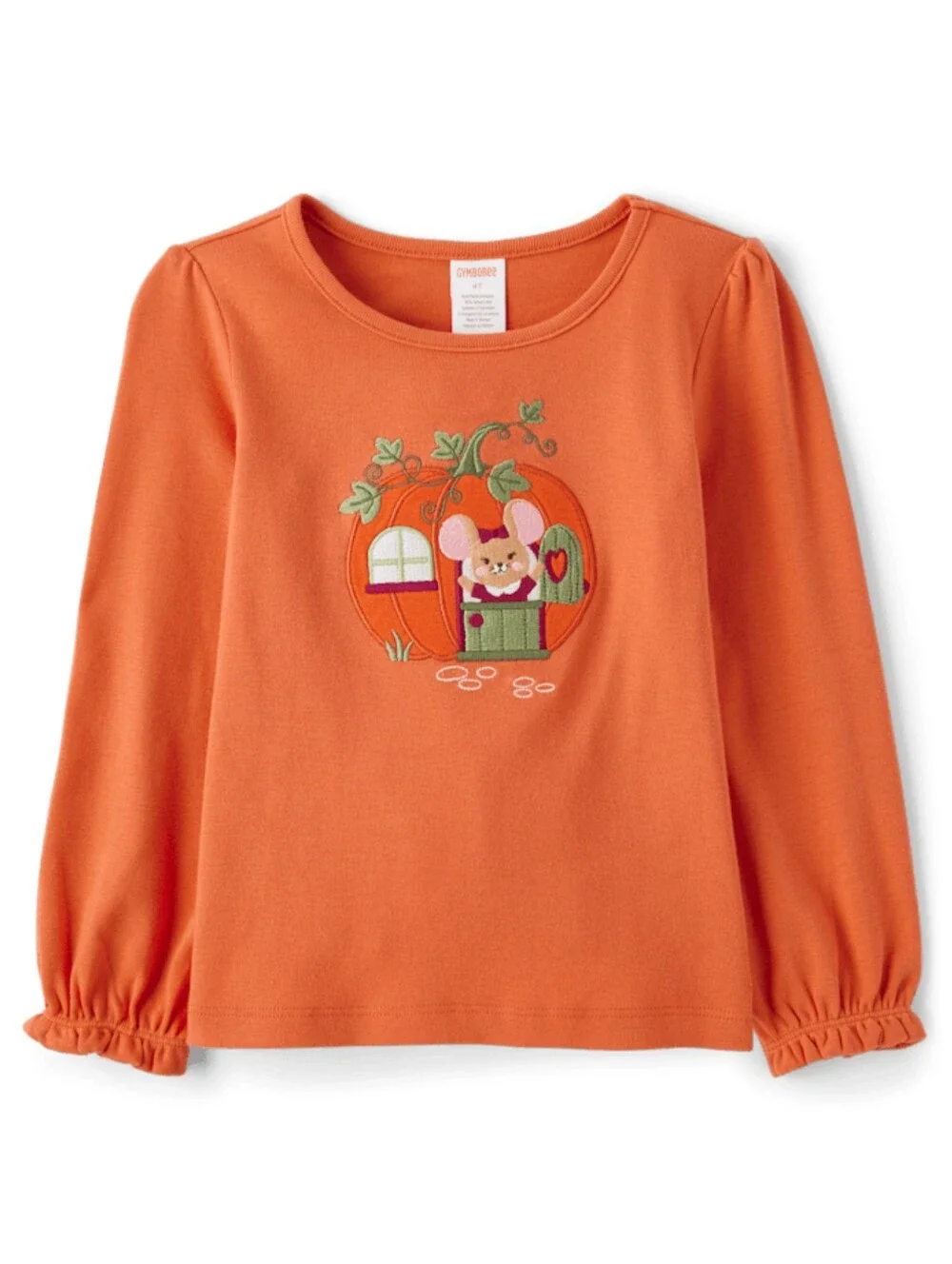 Gymboree Girls Orange Long-Sleeve Pumpkin Mouse Applique Tee Size 12